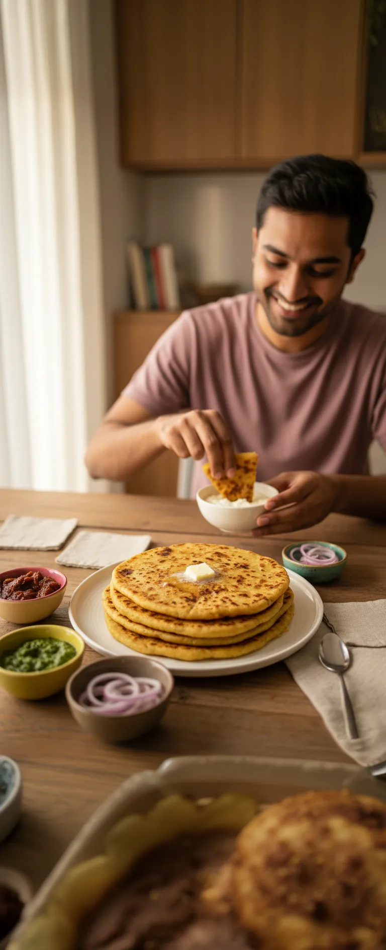 Golden crispy aloo paratha with yogurt and pickle